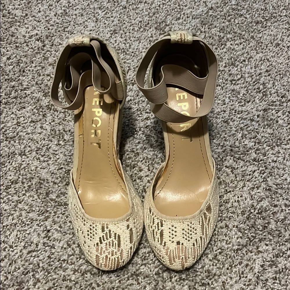 Report Cream and Tan Heels with Ankle Strap